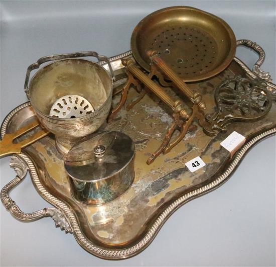 Pair of Georgian candlesticks, silver plated tray etc